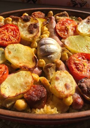 A picture of Baked Rice with Asturian Chorizo and Ontinyent Sausages.