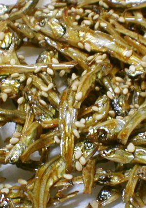 A picture of Tazukuri (Dried Simmered Sardines) for Osechi.
