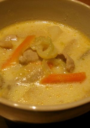 A picture of Hearty and Creamy Tonjiru (miso soup with pork, vegetables and a dash of milk).