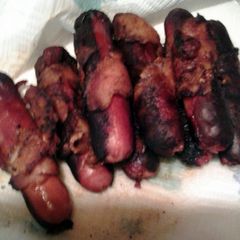bacon wrapped hotdogs A picture of bacon wrapped hotdogs.