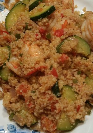 A picture of Way yummy zucchini and shrimp with couscous.