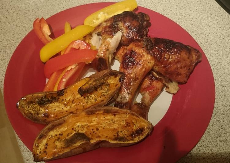 Steps to Prepare Ultimate Sweet Chilli Chicken Thighs &amp; Baked Sweet Potato Halfs