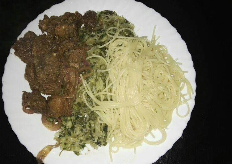 Now You Can Have Your Spaghetti with fried pork and steamed cabbages