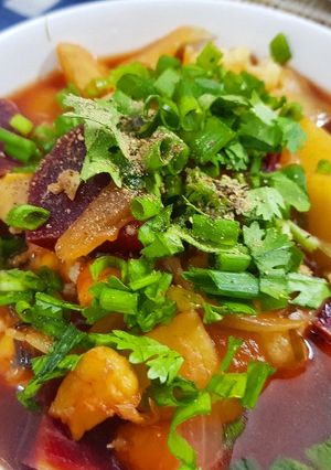 Hình của món Vegatable and seafood soup with pasta (Súp nui hải sản rau củ).