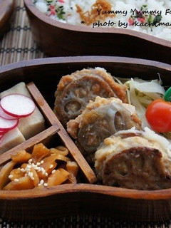 A picture of Deep Fried Sandwiched Lotus Root and Chicken Bento.