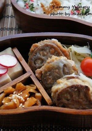 A picture of Deep Fried Sandwiched Lotus Root and Chicken Bento.