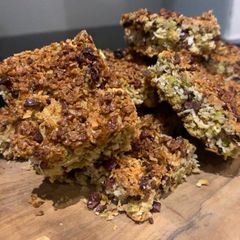 Pistachio and coconut flapjacks A picture of Pistachio and coconut flapjacks.