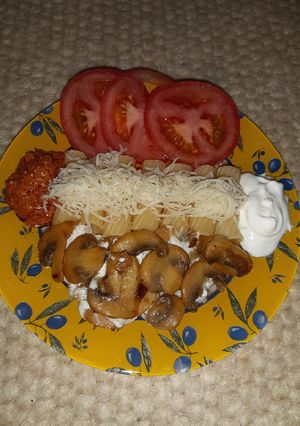 A picture of Tortiglioni Pasta With Mustard Mushroom Sauce and Yummy Additions.