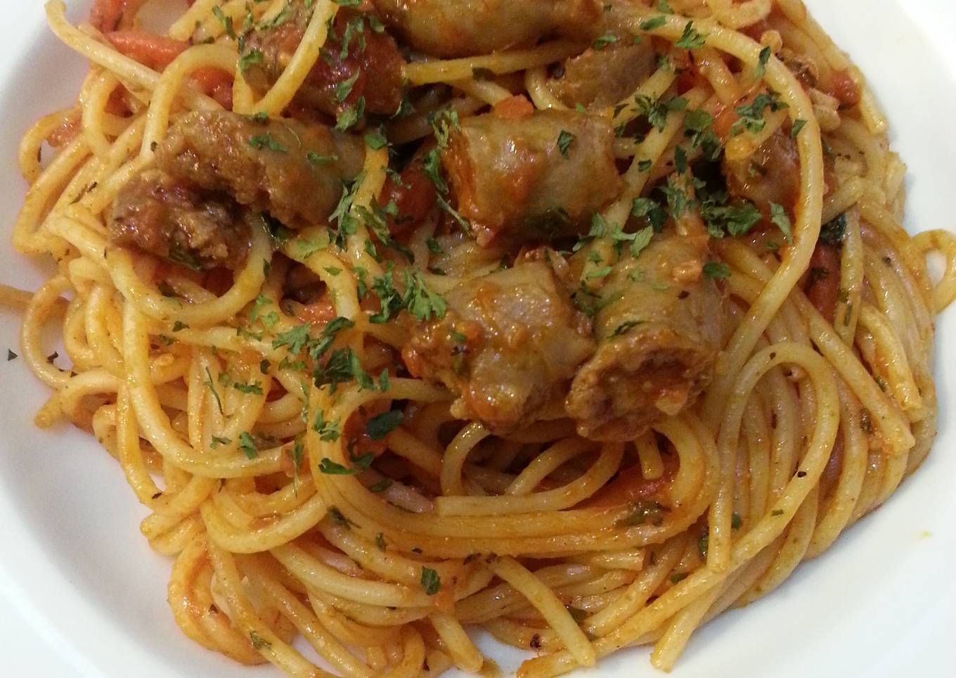 Breakfast Sausage Spaghetti in Tomato Sauce
