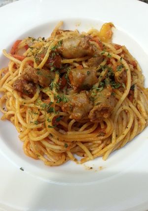 A picture of Breakfast Sausage Spaghetti in Tomato Sauce.