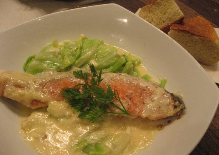 Easiest Way to Make Super Quick Homemade Easy Salmon and Cabbage with Cheese Cream Sauce