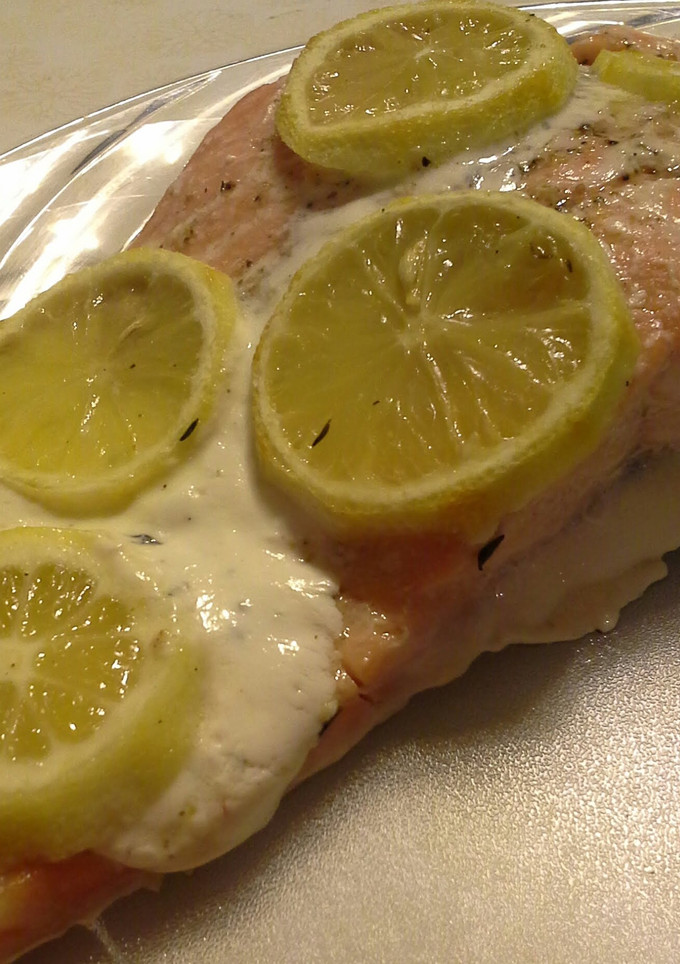 A picture of Salmon with Thyme and Three-Lemon Crème Fraîche.