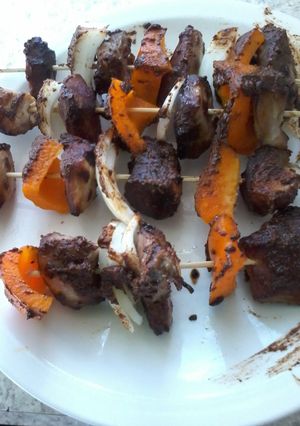 A picture of Asian inspaired kabobs.