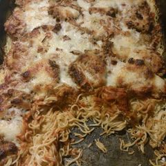 A picture of Fried zucchini and squash pasta.