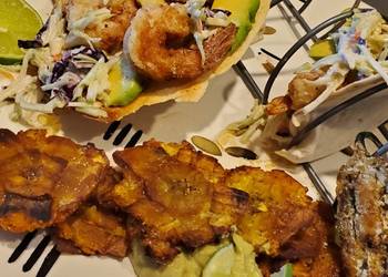 How to Make Appetizing My Salt and Pepper Shrimp Taco with Tostones and Garlic Aioli