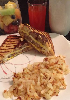 A picture of Grilled Sausage Fried Egg And Cheese.