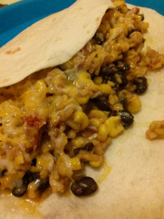 A picture of Nikki's Quickie Rice, Beans & Stuff; can be eaten as a side or as a Burrito.