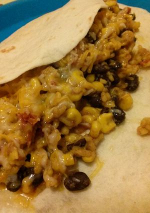 A picture of Nikki's Quickie Rice, Beans & Stuff; can be eaten as a side or as a Burrito.