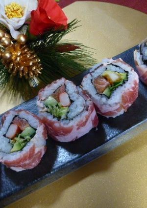 A picture of California Rolls with Cured Ham.