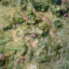 A picture of creamy cheese, broccoli, and ham.