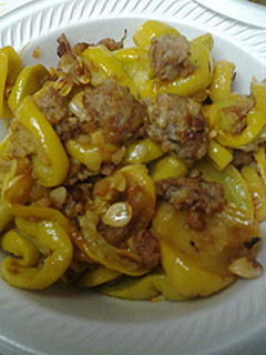 A picture of Squash with sausage.