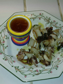 A picture of Fried Squid with Ginger Soy Sauce.