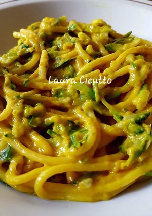 A picture of Spaghetti with Zucchini and Turmeric Gorgonzola Sauce.
