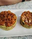 Tartar de salmón y anchoas con base de cuscús y salsa de mayonesa y mostaza