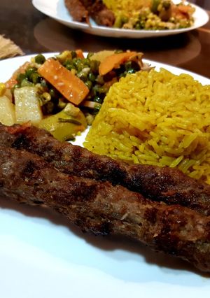 A picture of Grilled Kofta with Basmati Rice.