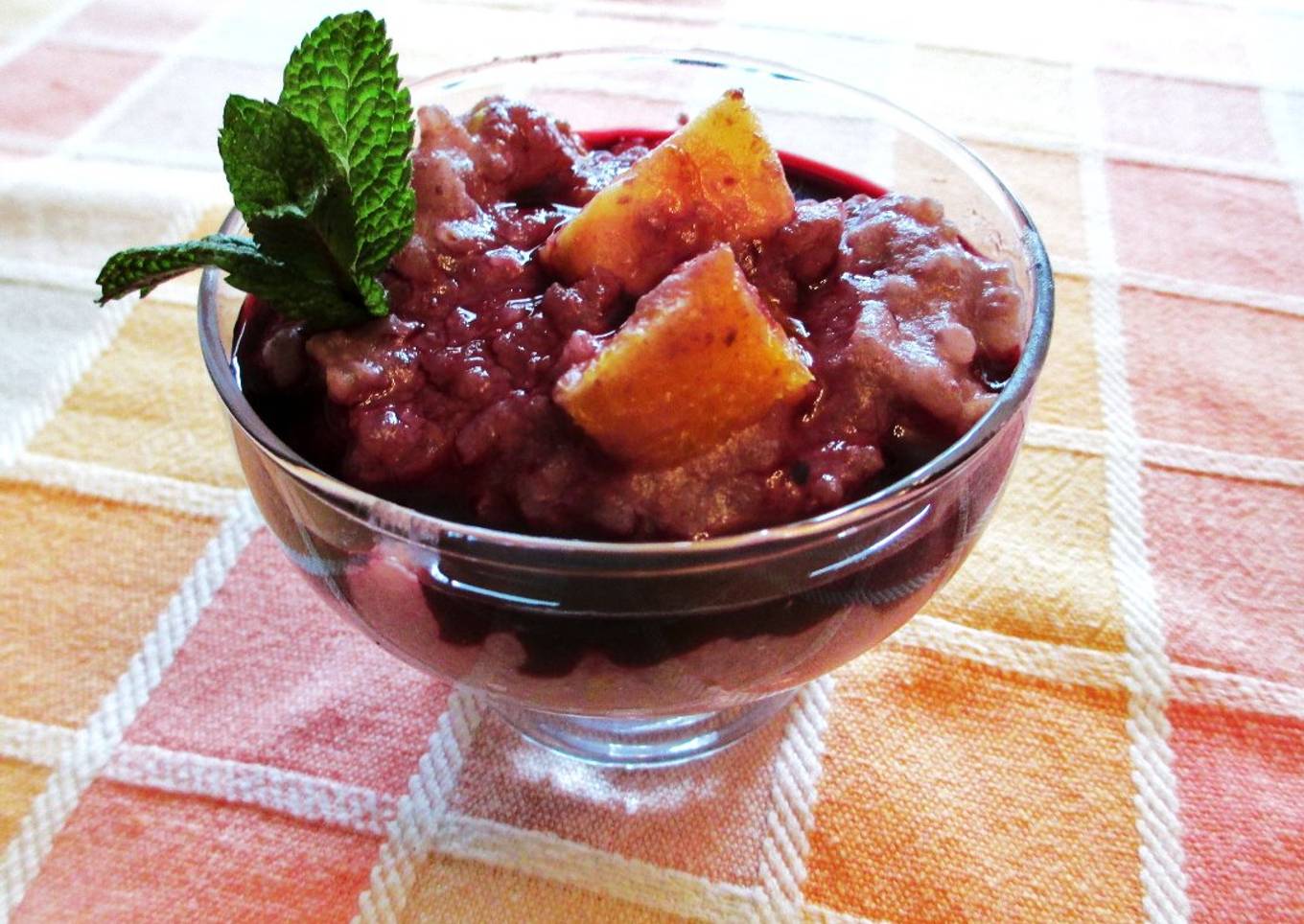 Arroz con leche y zumo de arándanos