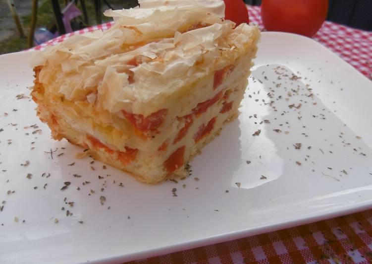 Step-by-Step Guide to Cook Favorite Feta and Tomato Creased Phyllo Cheese Pie (Patsavouropita) :)