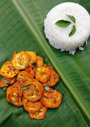 A picture of Aratikaya Vepudu/Raw Banana Fry.