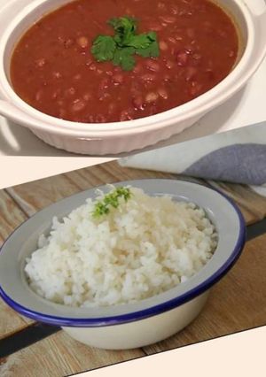 Una foto de Arroz con habichuelas y carne guisada