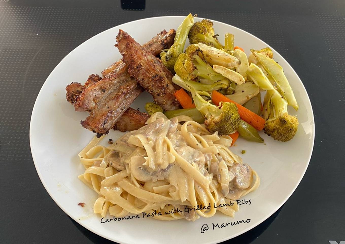 Carbonara Pasta with Grilled Lamb Ribs