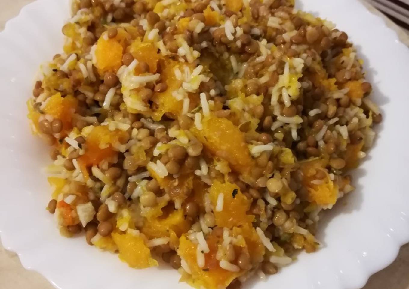 Lentejas con calabaza y arroz