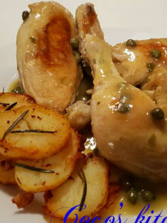 A picture of Pan fried sautee potatoes,Roasted Chicken with capers sauce.