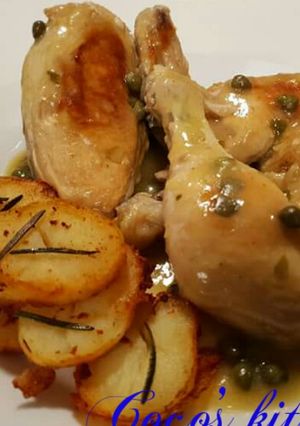 A picture of Pan fried sautee potatoes,Roasted Chicken with capers sauce.