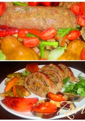 Фото Мясной рулет С грибами В овощном РАЮ.