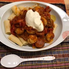 A picture of Spicy unusual sausage goulash.