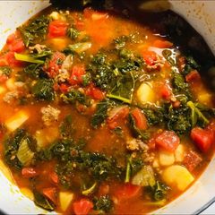 A picture of Kale and roasted vegetable soup.
