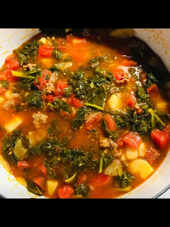 A picture of Kale and roasted vegetable soup.