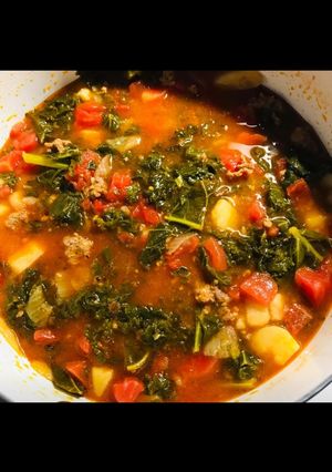 A picture of Kale and roasted vegetable soup.