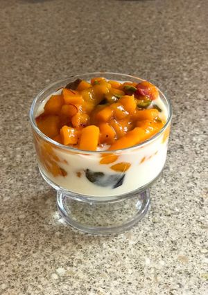 A picture of Fruit and nut angoor rabdi.