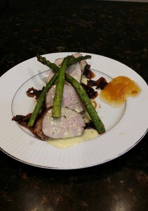 A picture of Brad's pork tenderloin medalions w/ lemon caper bearnaise sauce.
