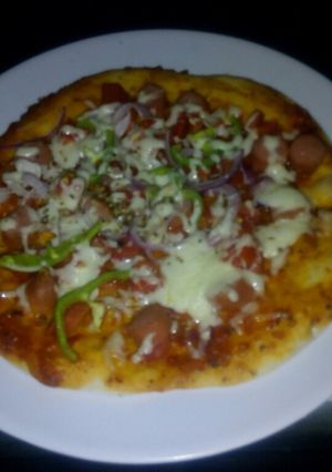 A picture of Sausage Pepperoni Pizza#4weekschallenge#Snacksrecipe#.