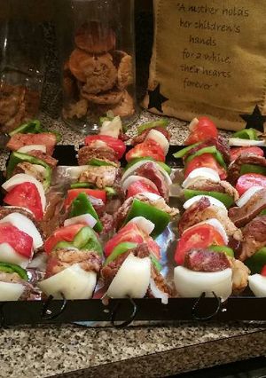 A picture of Ribeye steaks Kobobs.