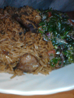 A picture of Pilau with greens.