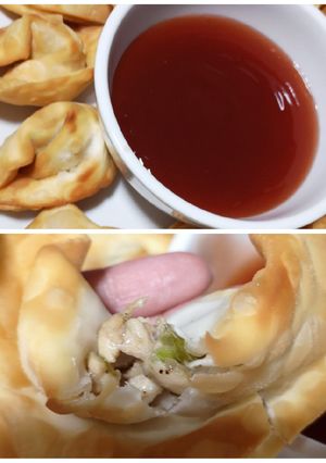 Una foto de Wantán relleno de pollo y salsa de tamarindo 🧧🎐🥠