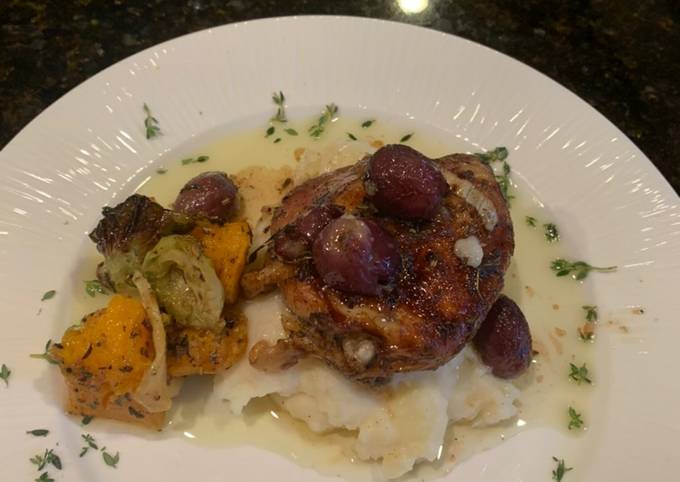 Simple Way Rosemary Chicken Thighs w Roasted Grapes and Smashed Parsnips