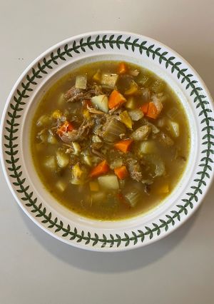 A picture of Use-up Turkey Stock and Vegetable Soup with Indian Spices.